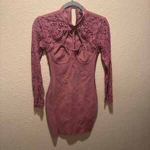 Mauve Long Lace Sleeve Bodycon Cut Out Cage Top size S